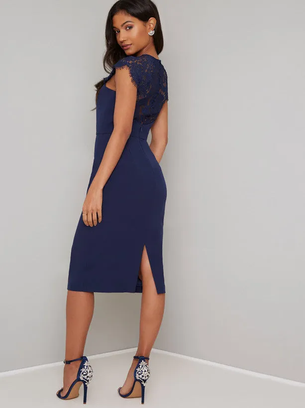 Lace Detail Bodycon Midi Dress in Blue sold by Chi Chi London product image thumbnail 4