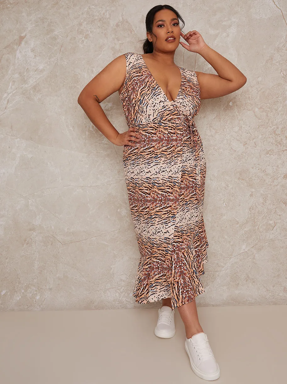 Plus Size Sleeveless Animal Print Wrap Midi Dress in Brown sold by Chi Chi London