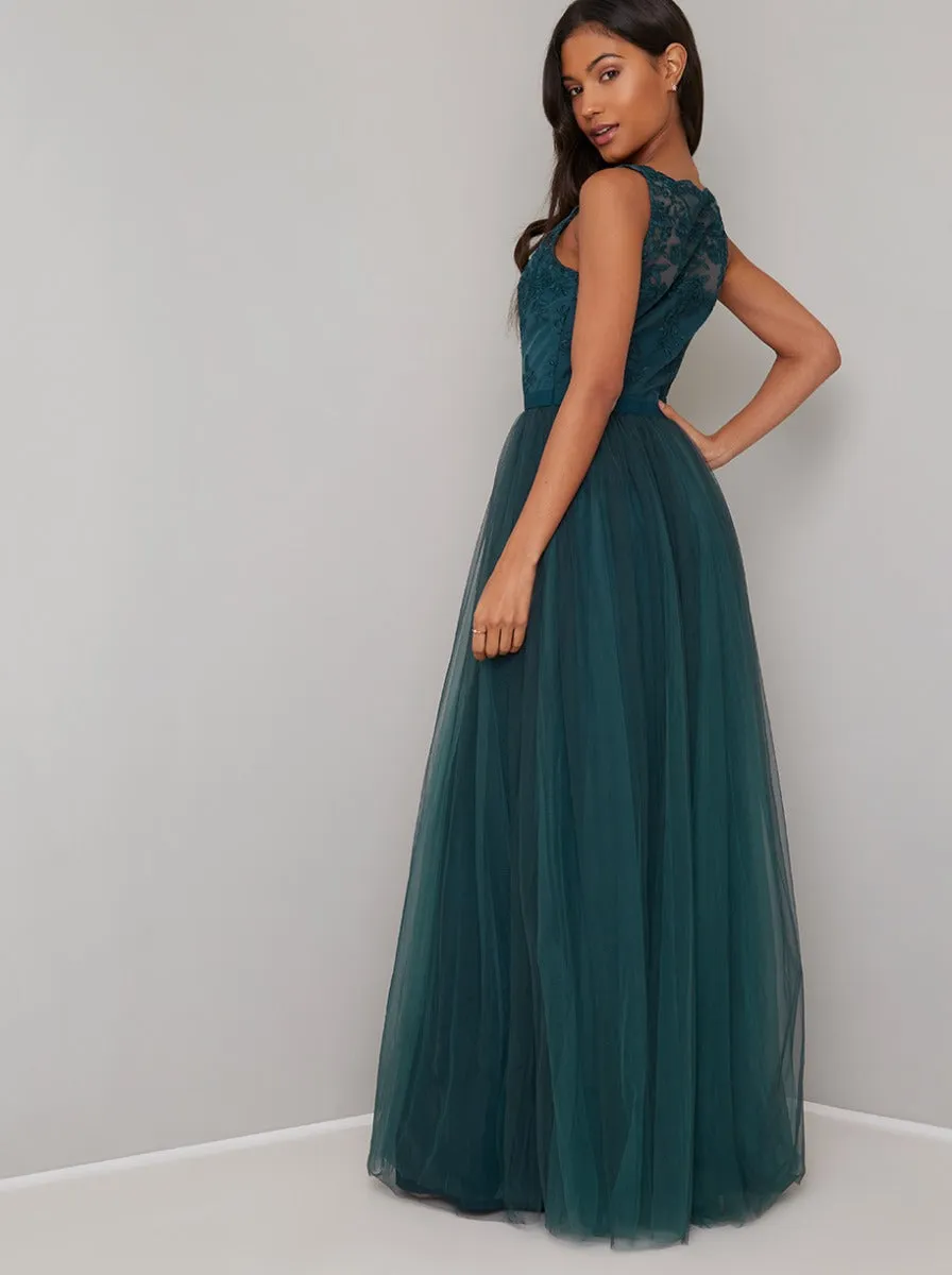Lace Bodice Sleeveless Tulle Maxi Dress in Green sold by Chi Chi London product image thumbnail 3