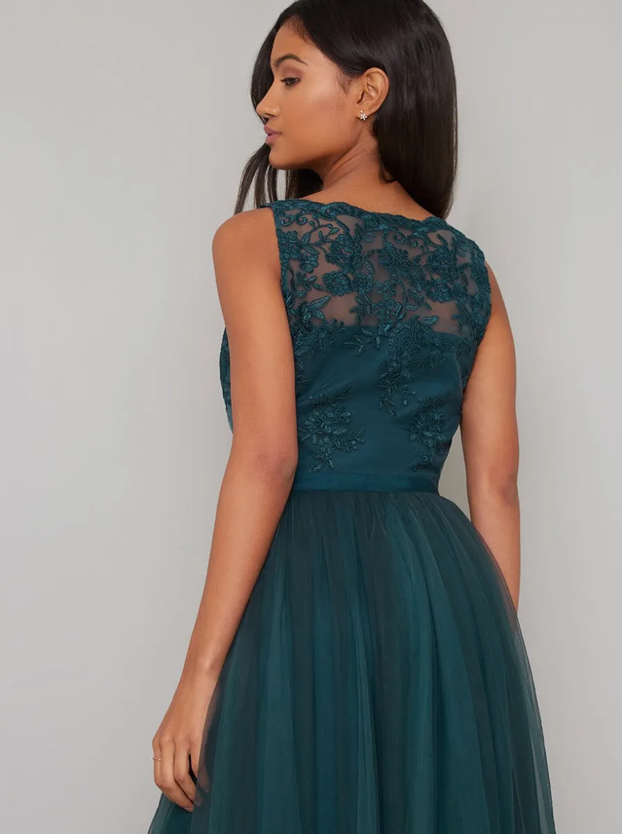 Lace Bodice Sleeveless Tulle Maxi Dress in Green sold by Chi Chi London product image thumbnail 4