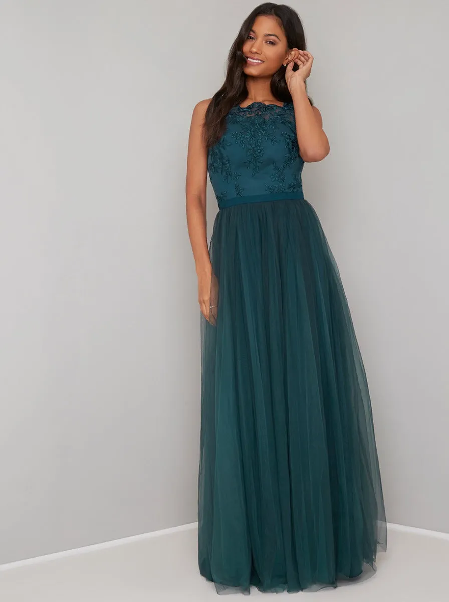 Lace Bodice Sleeveless Tulle Maxi Dress in Green sold by Chi Chi London