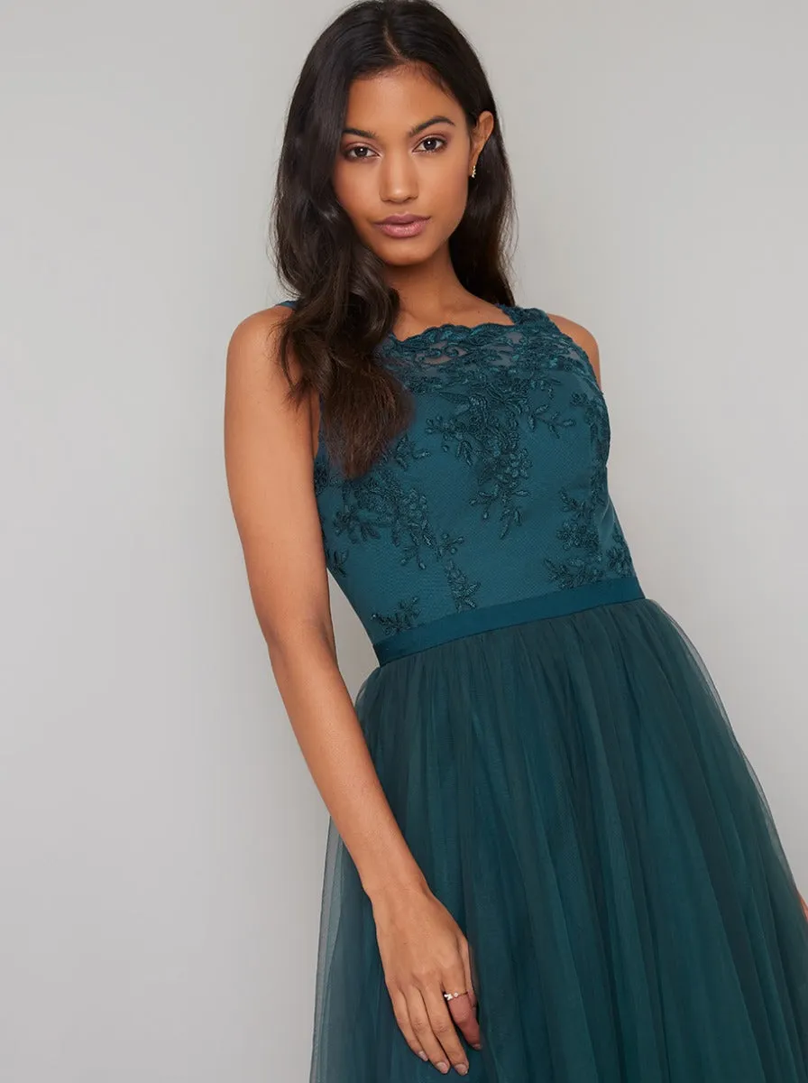 Lace Bodice Sleeveless Tulle Maxi Dress in Green sold by Chi Chi London product image thumbnail 2