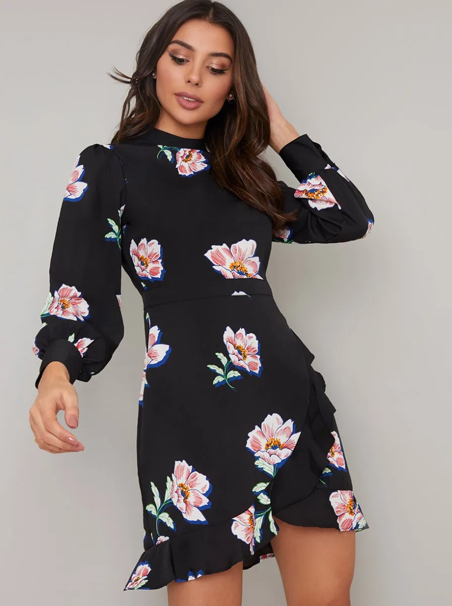 Floral Wrap Detail Long Sleeved Mini Dress in Black sold by Chi Chi London product image thumbnail 2