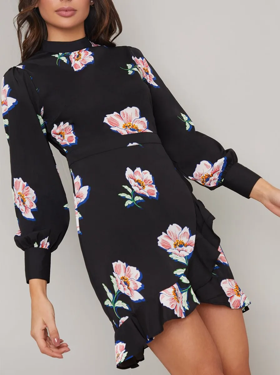 Floral Wrap Detail Long Sleeved Mini Dress in Black sold by Chi Chi London product image thumbnail 4
