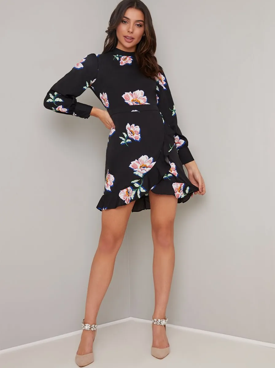 Floral Wrap Detail Long Sleeved Mini Dress in Black sold by Chi Chi London