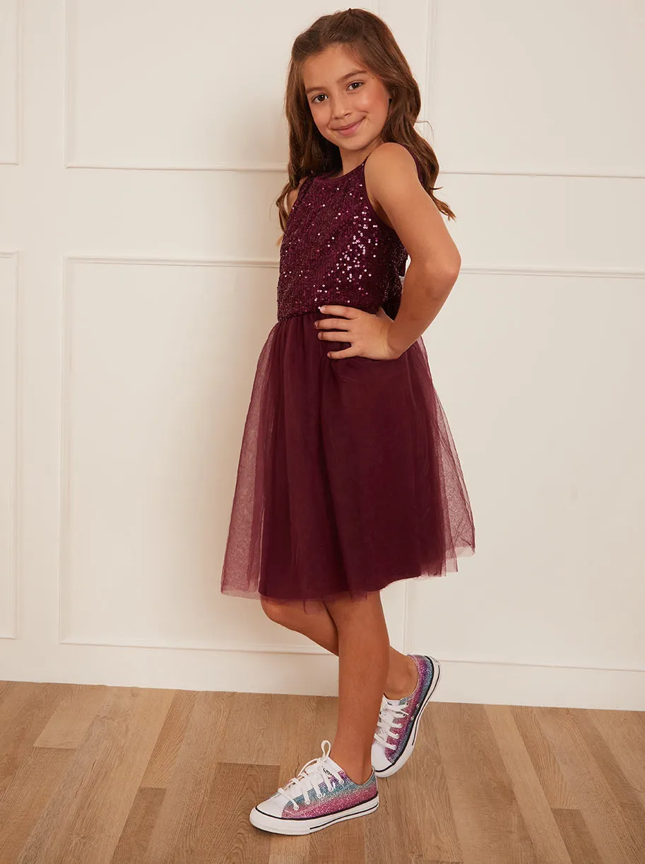 Older Girls Sequin Tulle Midi Dress in Berry sold by Chi Chi London