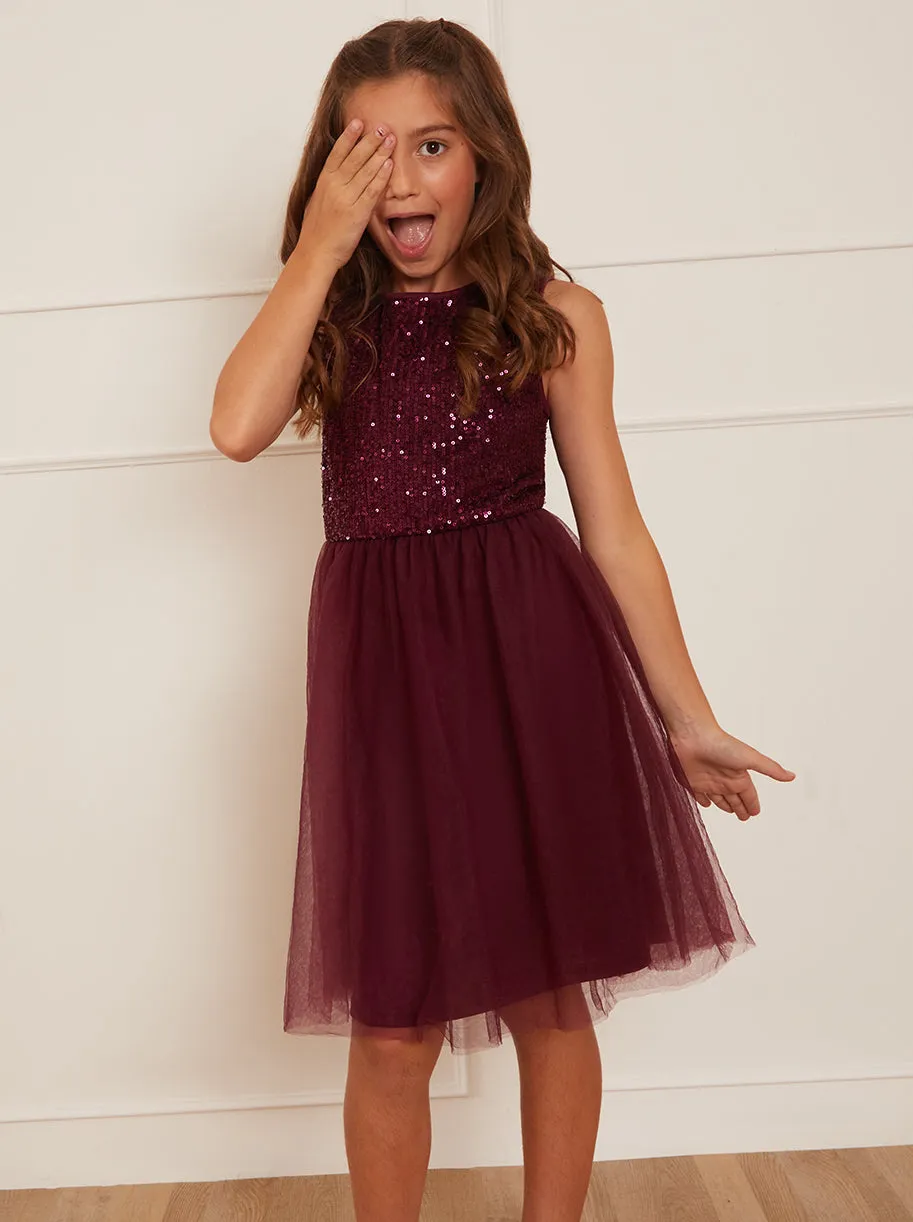 Older Girls Sequin Tulle Midi Dress in Berry sold by Chi Chi London product image thumbnail 5