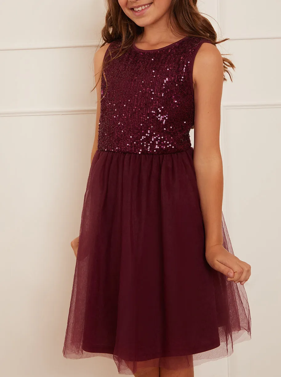 Older Girls Sequin Tulle Midi Dress in Berry sold by Chi Chi London product image thumbnail 2