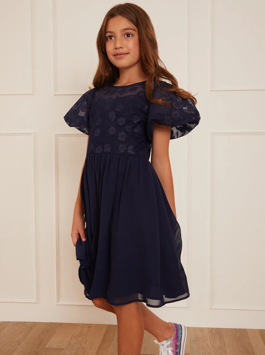 Older Girls Puff Sleeve Midi Dress in Navy sold by Chi Chi London