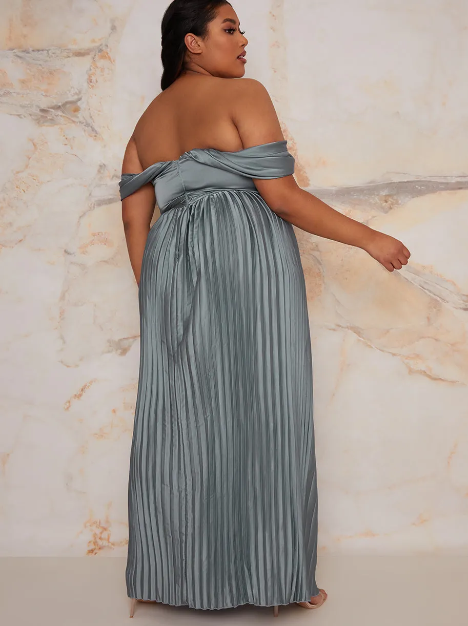 Plus Size Bardot Pleated Maxi Dress in Green sold by Chi Chi London product image thumbnail 4
