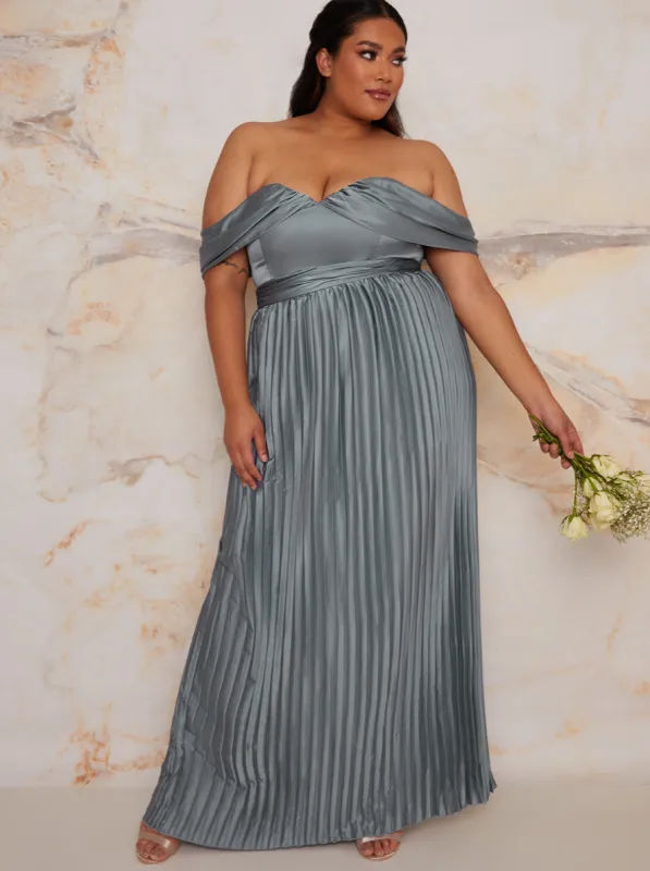 Plus Size Bardot Pleated Maxi Dress in Green made by Chi Chi London