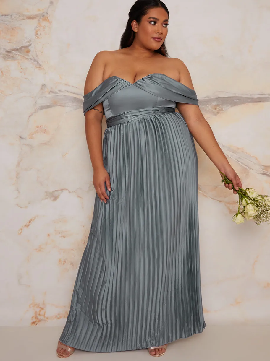 Plus Size Bardot Pleated Maxi Dress in Green sold by Chi Chi London