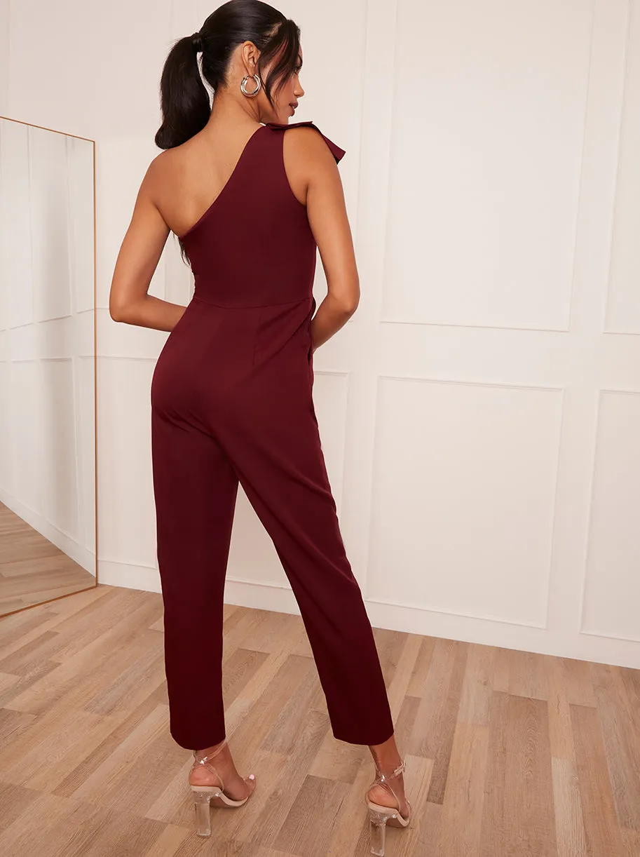 One-Shoulder Frill Detail Jumpsuit in Burgundy sold by Chi Chi London product image thumbnail 3