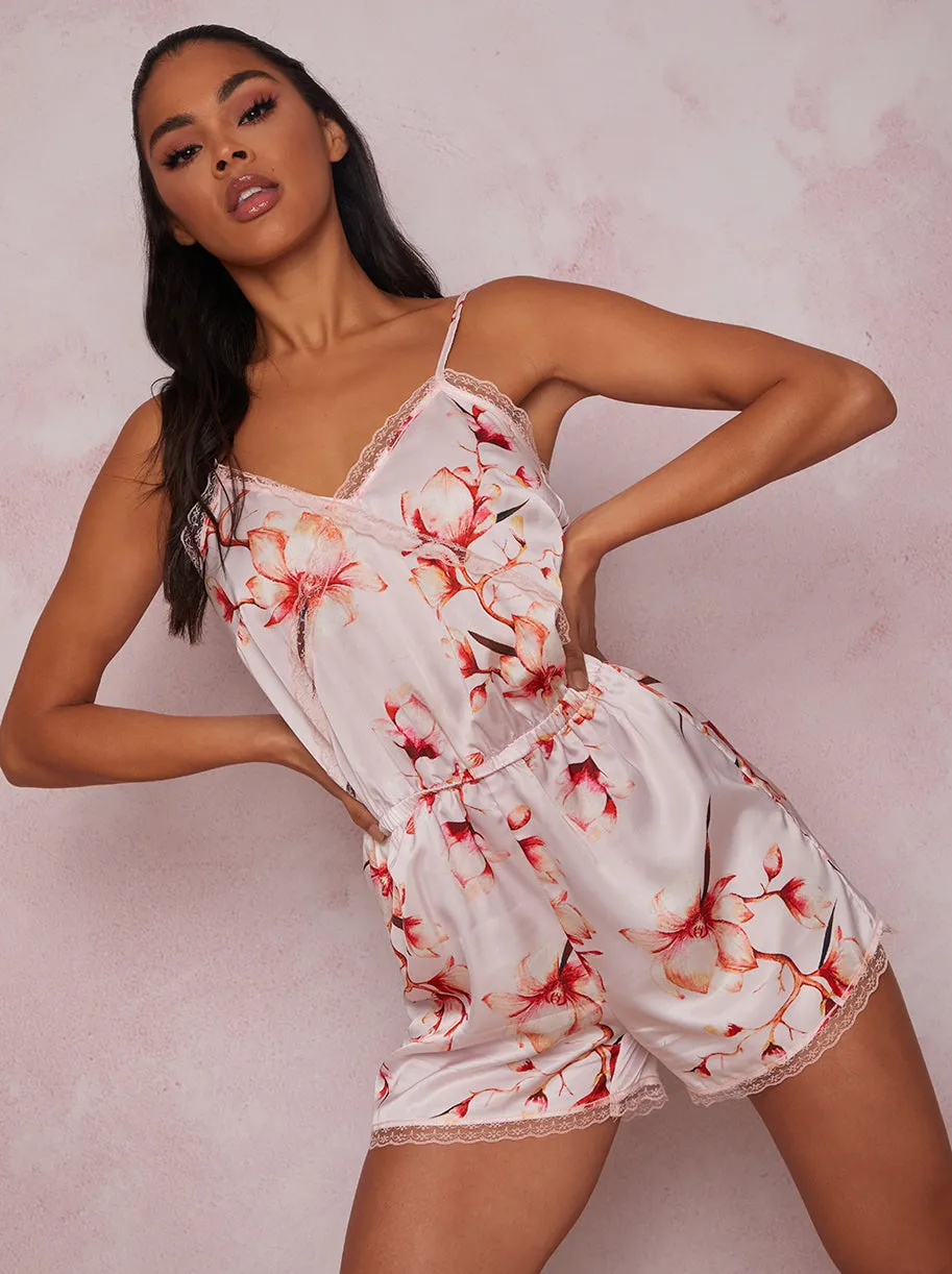 Blossom Floral Print Lace Detail Playsuit in Pink sold by Chi Chi London product image thumbnail 3