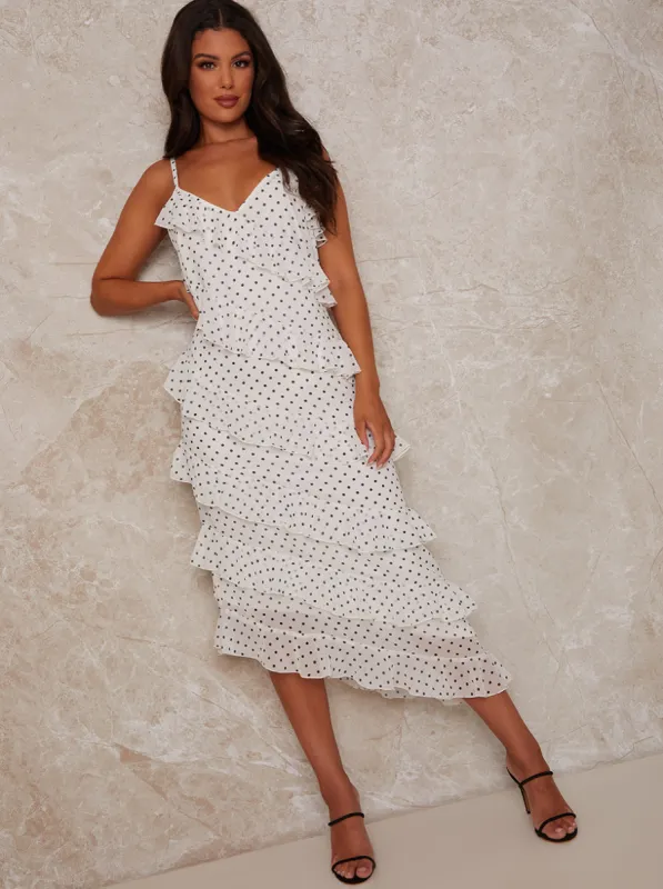 Polka Dot Ruffle Midi Dress in White sold by Chi Chi London