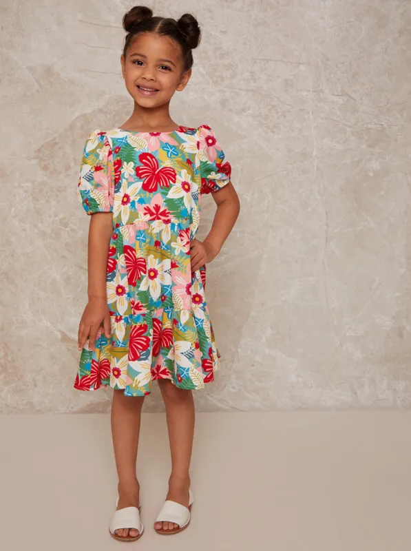 Girls Puff Sleeve Floral Print Tiered Day Dress in Multi sold by Chi Chi London