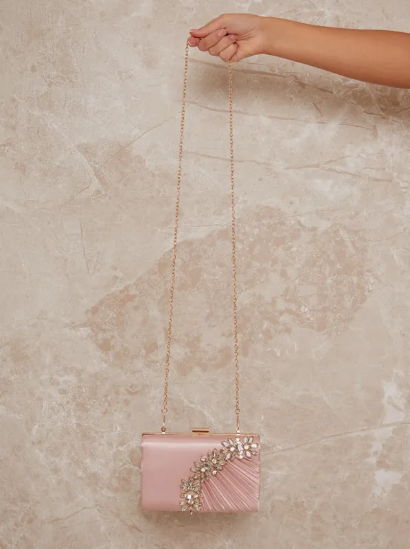Embellished Pleated Satin Clutch Bag in Mink sold by Chi Chi London