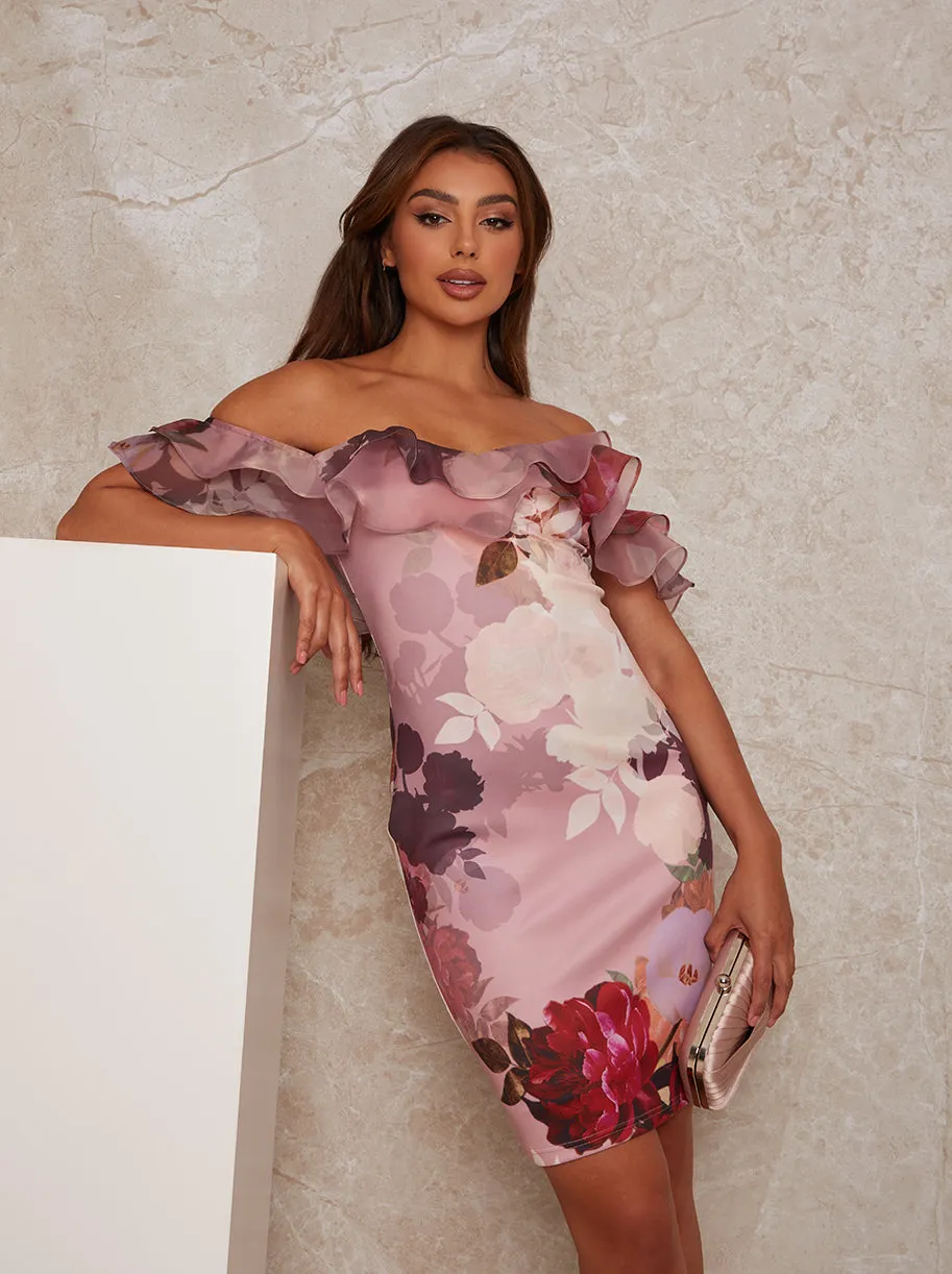 Organza Ruffle Floral Print Bodycon Mini Dress in Pink sold by Chi Chi London product image thumbnail 3