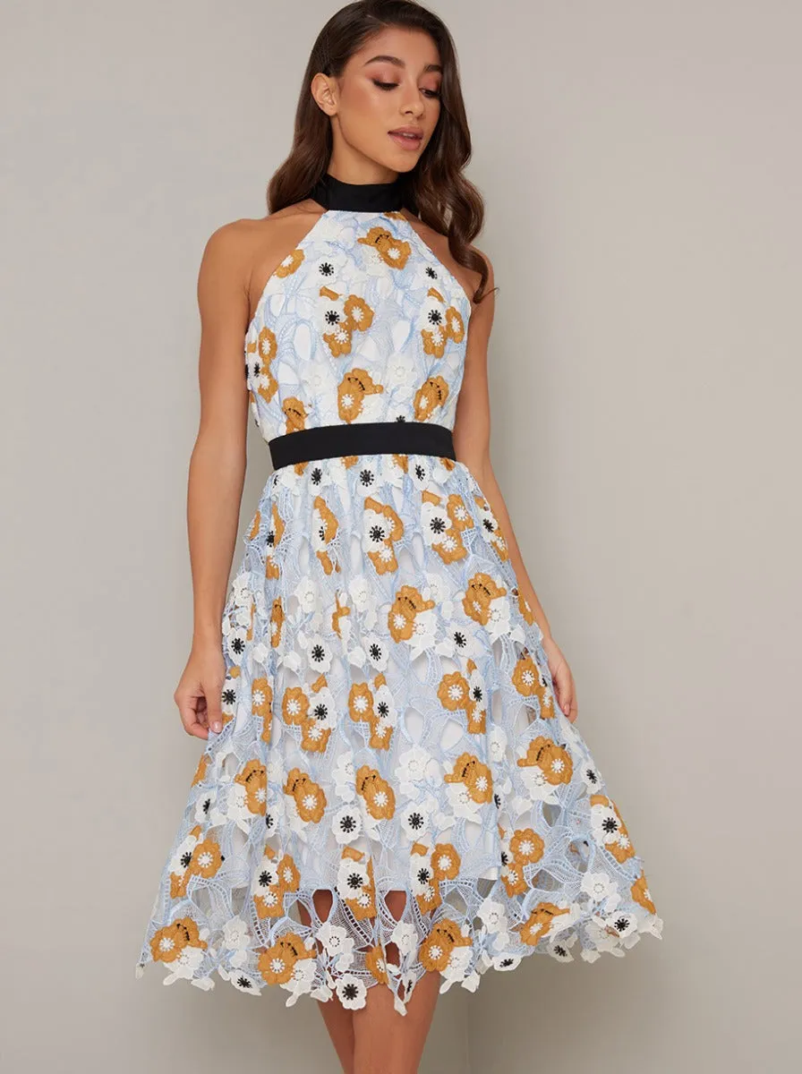 Halter Neck Crochet Lace Style Midi Dress in Blue sold by Chi Chi London product image thumbnail 4