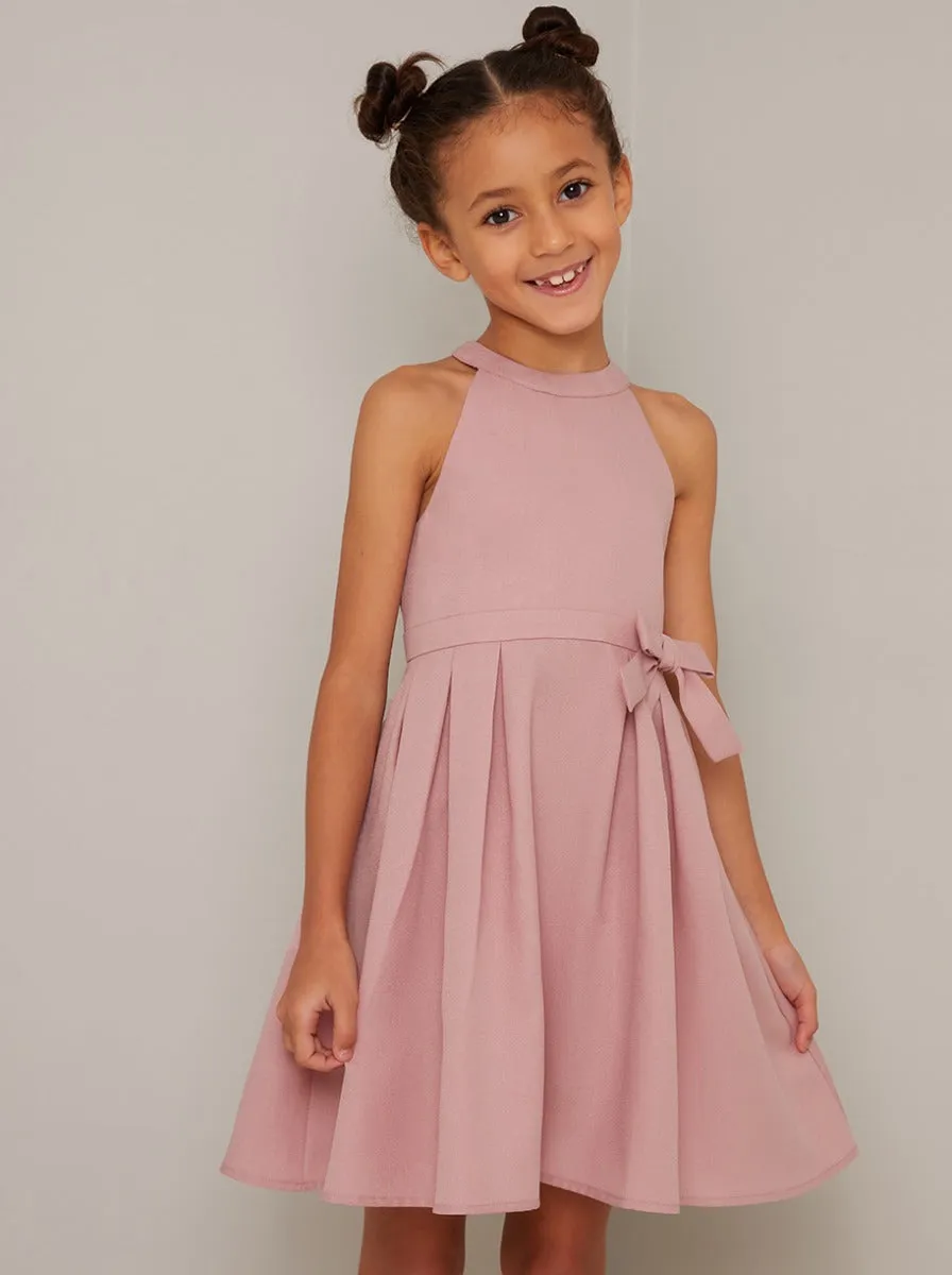 Girls Bow Detail Pleat Midi Dress In Mink sold by Chi Chi London product image thumbnail 3