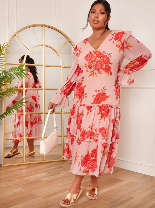 Plus Size Long Sleeve Floral Printed Midi Dress in Pink sold by Chi Chi London
