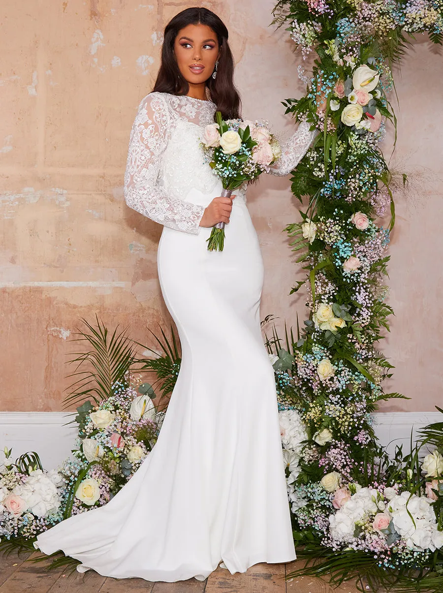 Long Sleeve Lace Bodice Bridal Wedding Dress in White sold by Chi Chi London product image thumbnail 5