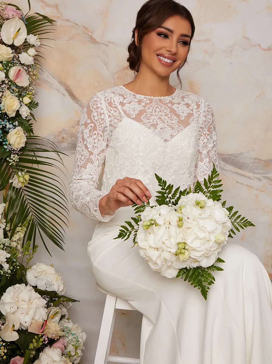 Long Sleeve Lace Bodice Bridal Wedding Dress in White sold by Chi Chi London product image thumbnail 4