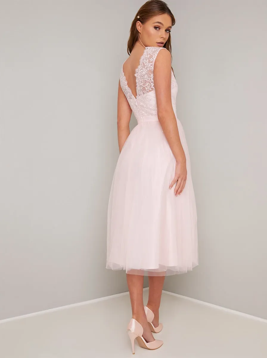 Lace Bodice Sleeveless Tulle Midi Dress in Pink sold by Chi Chi London product image thumbnail 4