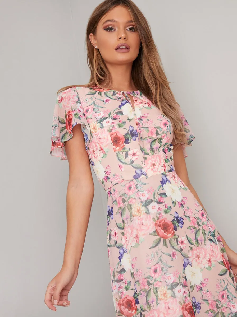 Angel Sleeve Floral Print Maxi Dress in Pink sold by Chi Chi London product image thumbnail 2