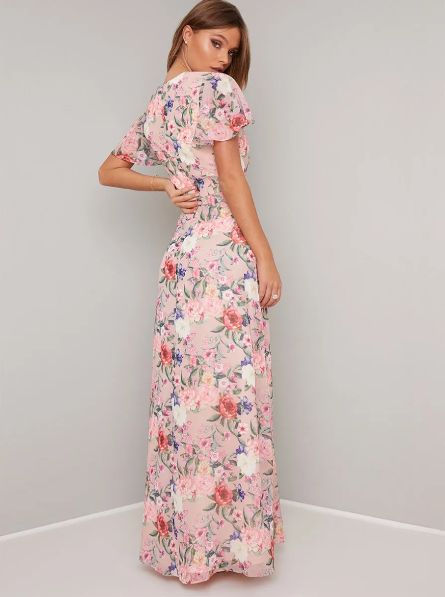 Angel Sleeve Floral Print Maxi Dress in Pink sold by Chi Chi London product image thumbnail 3