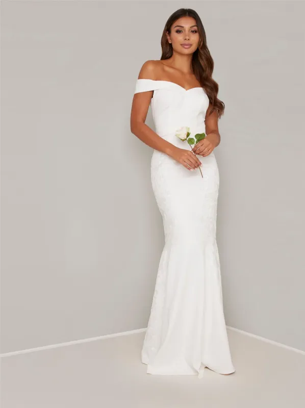 Embroidered Mermaid Wedding Dress in White sold by Chi Chi London