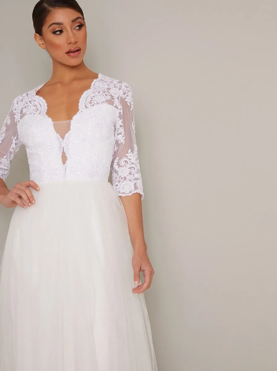 Bridal Sheer Sleeved Embroidered Wedding Dress in White sold by Chi Chi London product image thumbnail 4