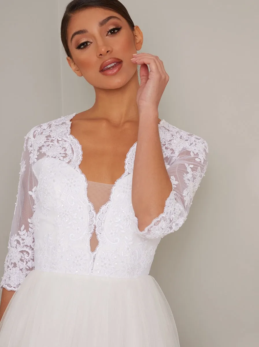 Bridal Sheer Sleeved Embroidered Wedding Dress in White sold by Chi Chi London product image thumbnail 2