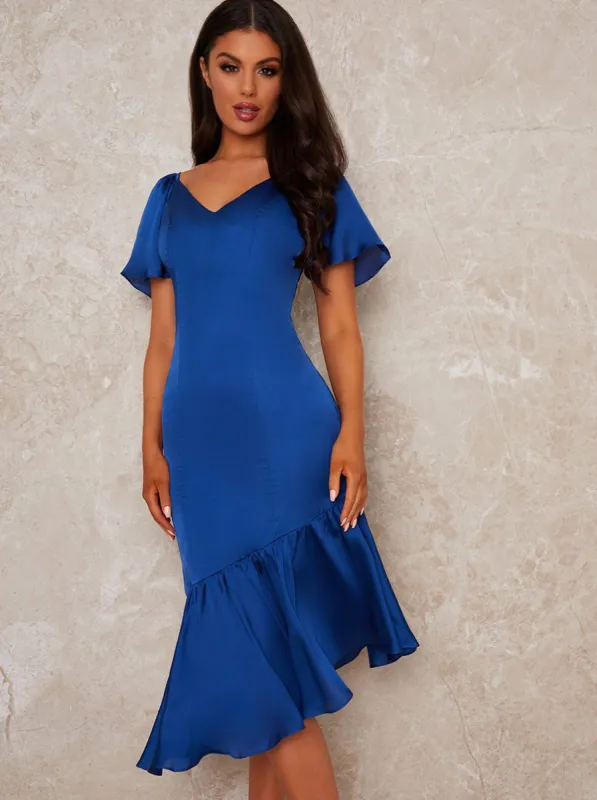 Angel Sleeve V Neck Satin Feel Dip Midi Dress in Blue sold by Chi Chi London