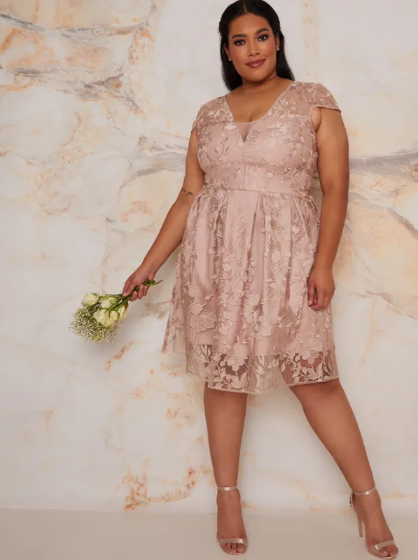 Plus Size Lace Midi Dress in Nude sold by Chi Chi London