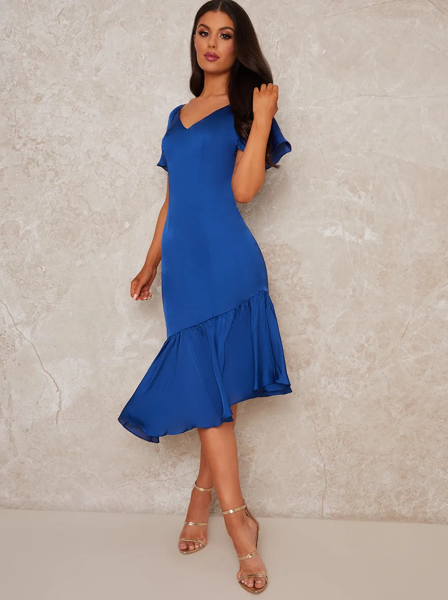 Angel Sleeve V Neck Satin Feel Dip Midi Dress in Blue sold by Chi Chi London product image thumbnail 3
