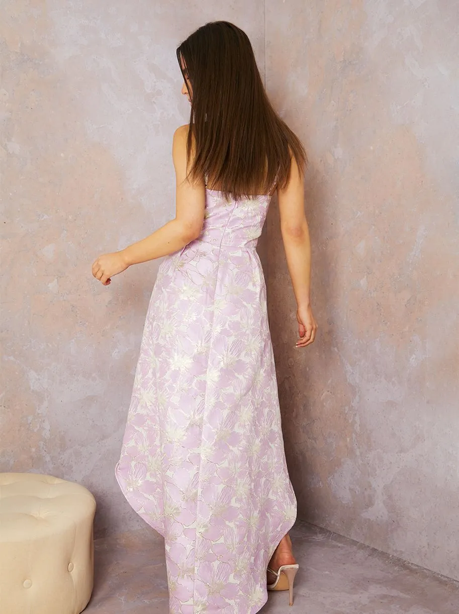 Cami Floral Jacquard Dip Hem Dress in Lilac sold by Chi Chi London product image thumbnail 3