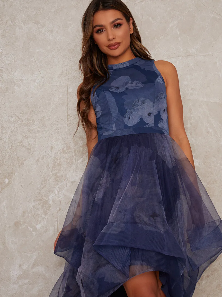 Dip Hem Dress with Floral Print in Blue sold by Chi Chi London product image thumbnail 4