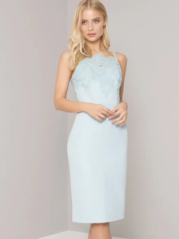 Lace Cami Bodycon Midi Dress in Blue sold by Chi Chi London