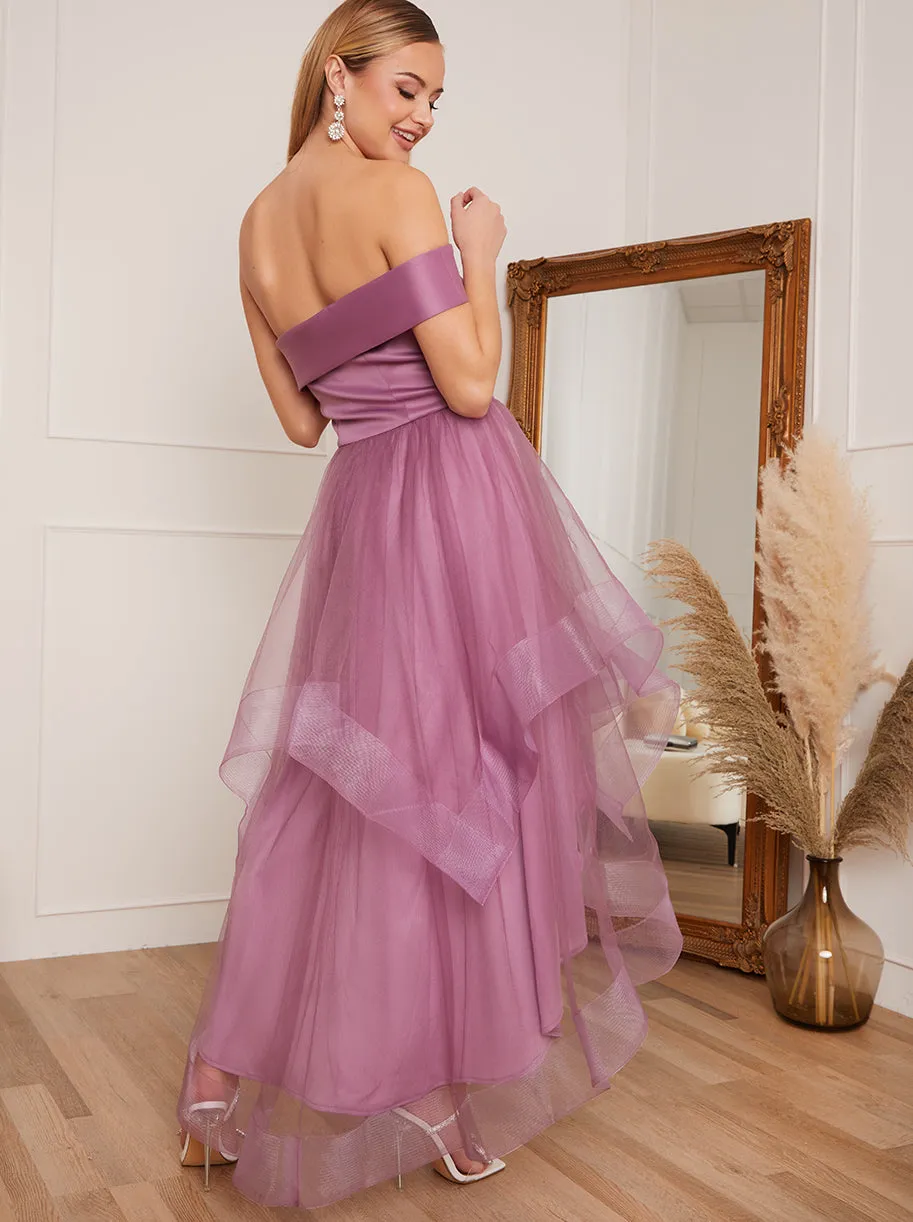 Petite One Shoulder Mesh Skirt Dip Hem Dress in Purple sold by Chi Chi London product image thumbnail 4
