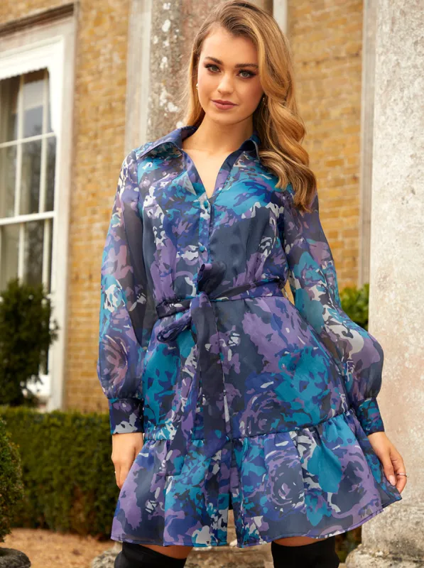 Long Sleeve Abstract Print Mini Dress in Blue made by Chi Chi London