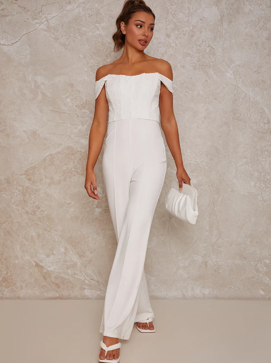 Lace Bardot Wide Leg Jumpsuit in White sold by Chi Chi London