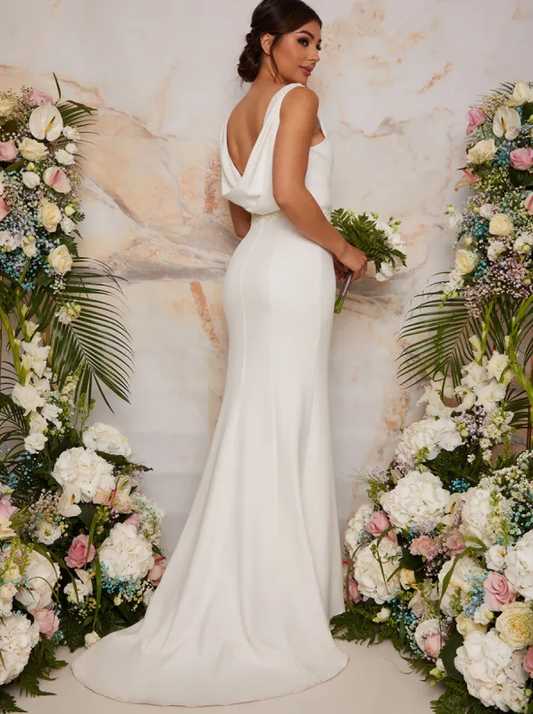 Cowl Back Wedding Dress with Embellishment in White sold by Chi Chi London