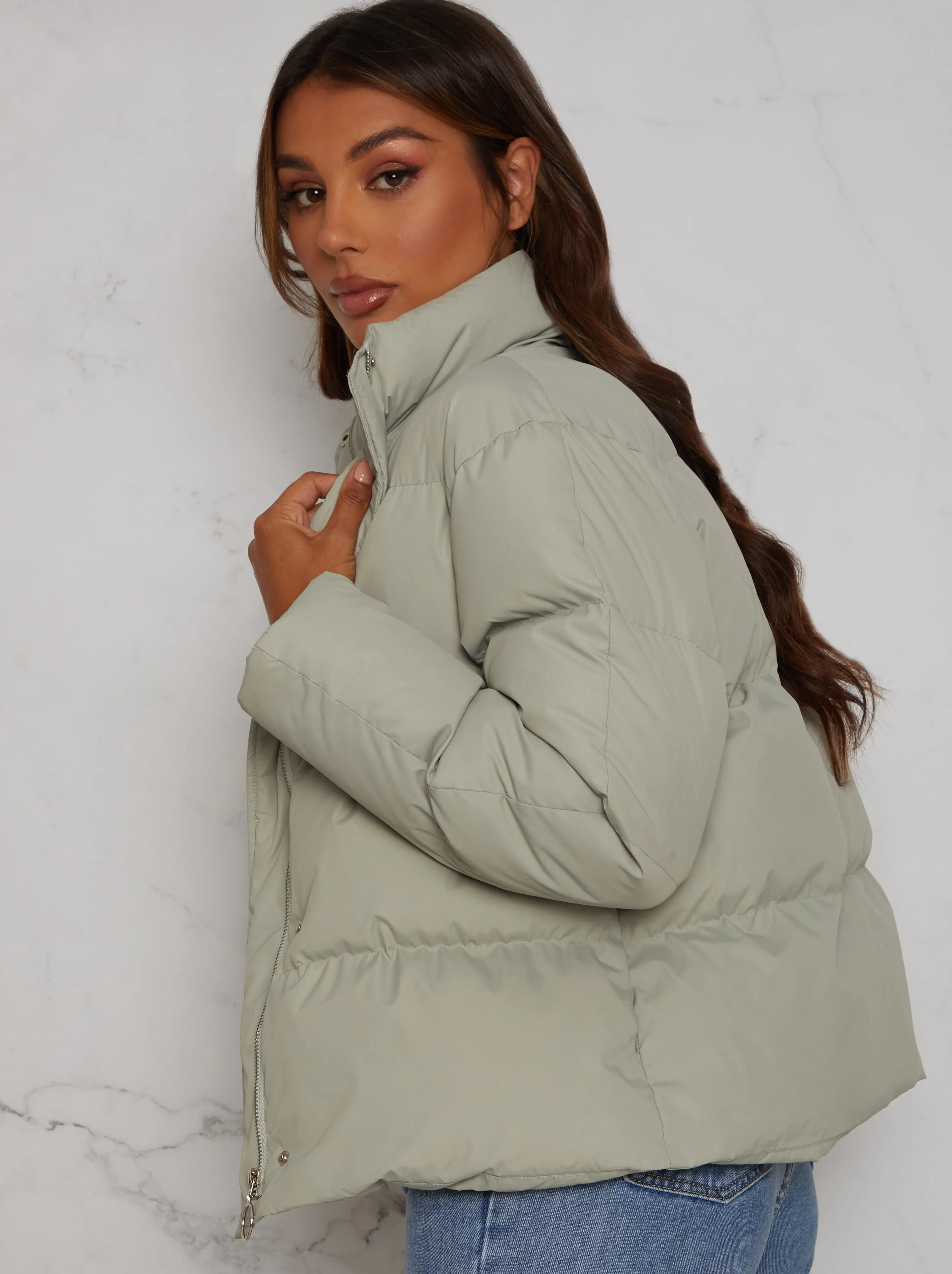 Cropped Padded Puffer Coat in Green sold by Chi Chi London product image thumbnail 2