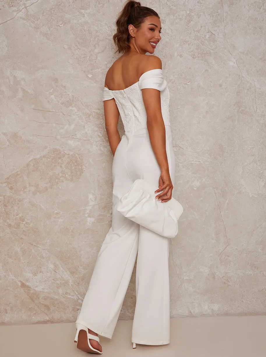 Lace Bardot Wide Leg Jumpsuit in White sold by Chi Chi London product image thumbnail 4