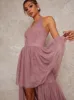 Halterneck Dip Hem Dress in Pink sold by Chi Chi London