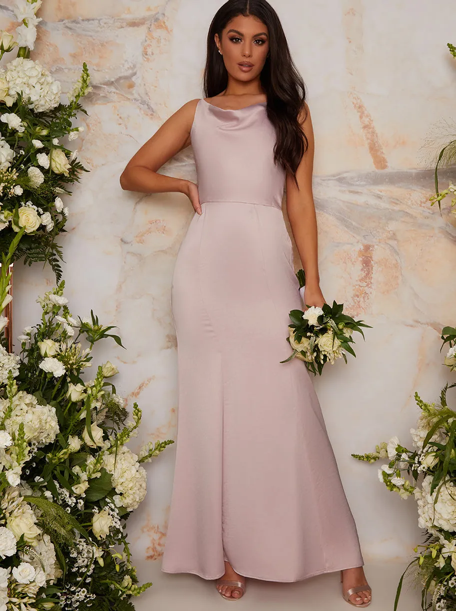 Cowl Neck Satin Slip Maxi Dress in Pink sold by Chi Chi London