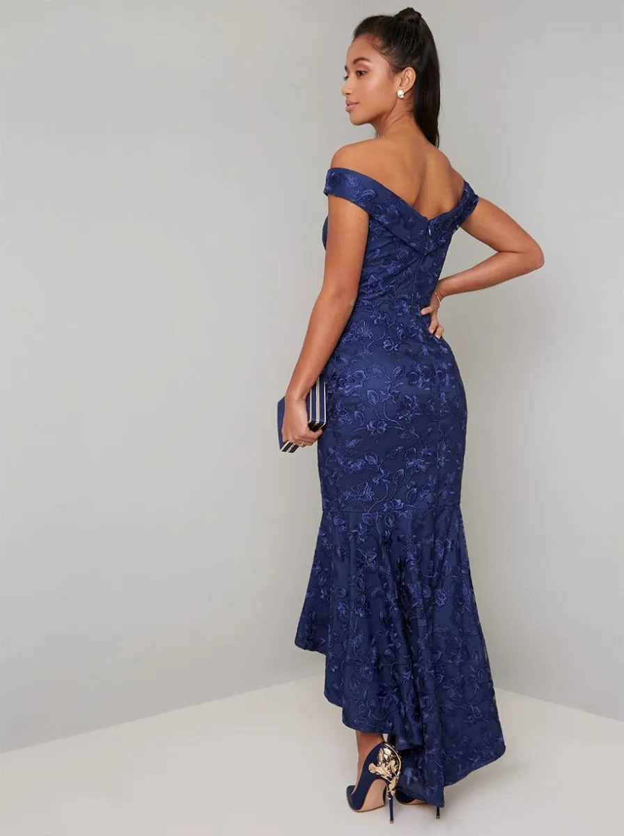 Petite Bardot Fishtail Bodycon Maxi Dress in Blue sold by Chi Chi London product image thumbnail 4