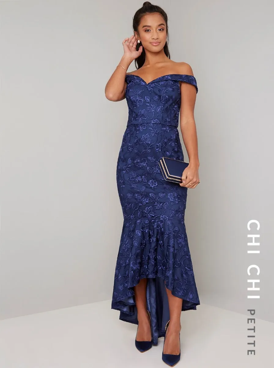 Petite Bardot Fishtail Bodycon Maxi Dress in Blue sold by Chi Chi London