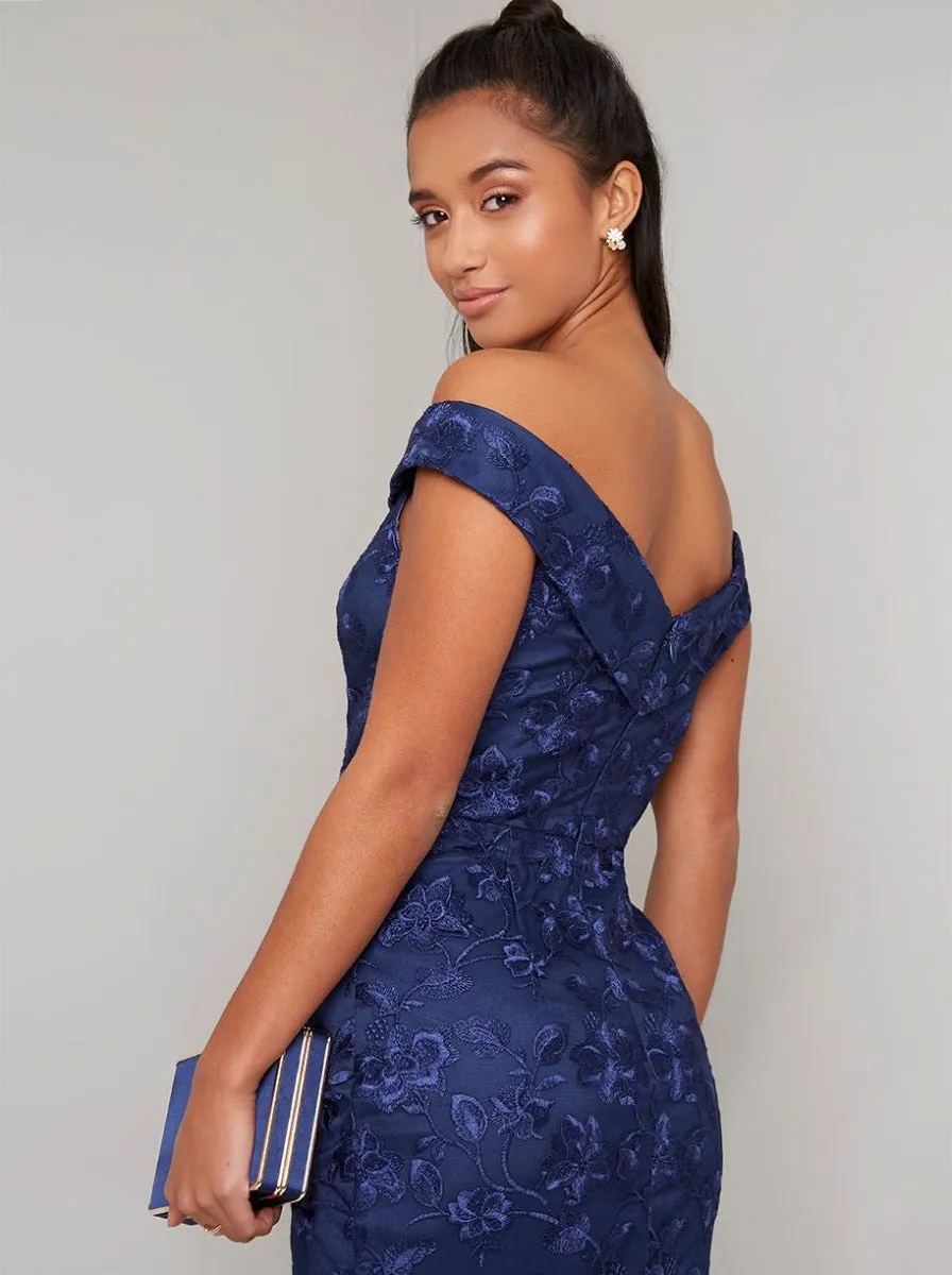 Petite Bardot Fishtail Bodycon Maxi Dress in Blue sold by Chi Chi London product image thumbnail 3